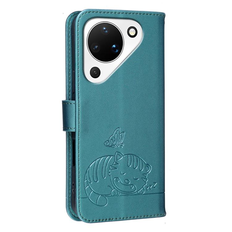 For Huawei Pura 90 5G Cat Butterfly Embossed RFID Vegan Leather Phone Case with Strap