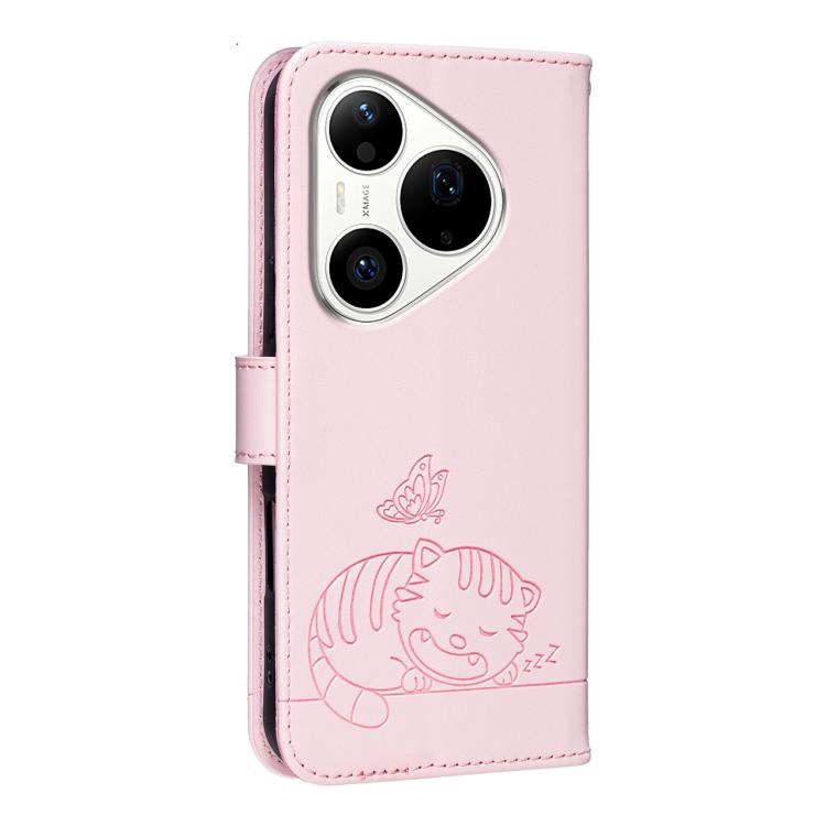 For Huawei Pura 90 Pro 5G Cat Butterfly Embossed RFID Vegan Leather Phone Case with Strap