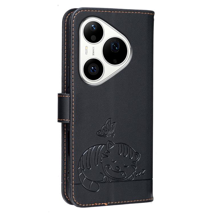 For Huawei Pura 90 Pro 5G Cat Butterfly Embossed RFID Vegan Leather Phone Case with Strap