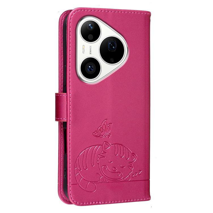 For Huawei Pura 90 Pro 5G Cat Butterfly Embossed RFID Vegan Leather Phone Case with Strap