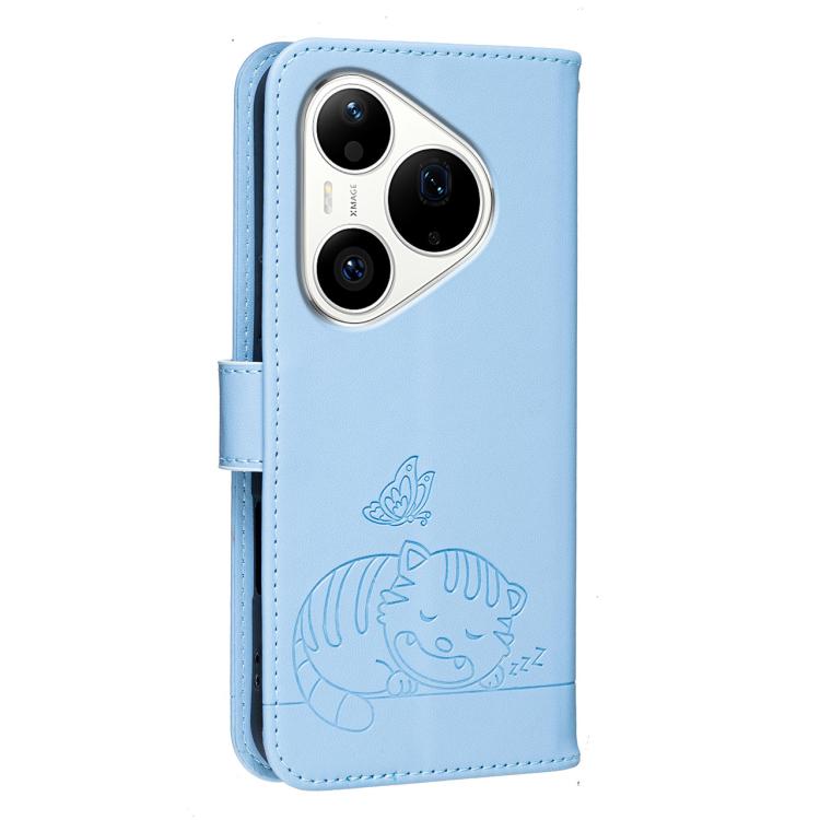 For Huawei Pura 90 Pro 5G Cat Butterfly Embossed RFID Vegan Leather Phone Case with Strap