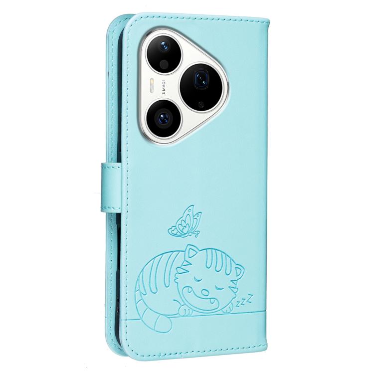 For Huawei Pura 90 Pro 5G Cat Butterfly Embossed RFID Vegan Leather Phone Case with Strap