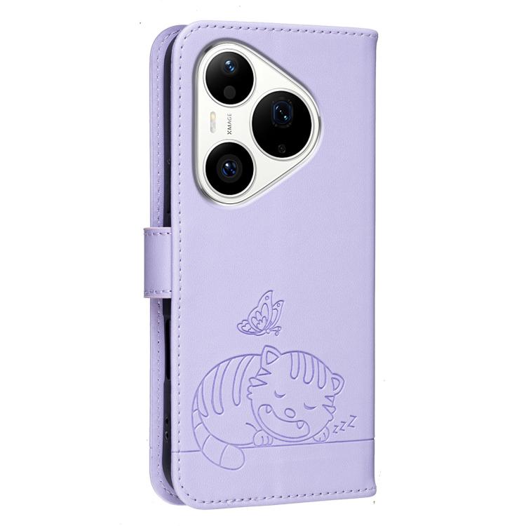 For Huawei Pura 90 Pro 5G Cat Butterfly Embossed RFID Vegan Leather Phone Case with Strap