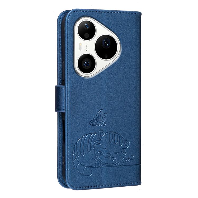 For Huawei Pura 90 Pro 5G Cat Butterfly Embossed RFID Vegan Leather Phone Case with Strap