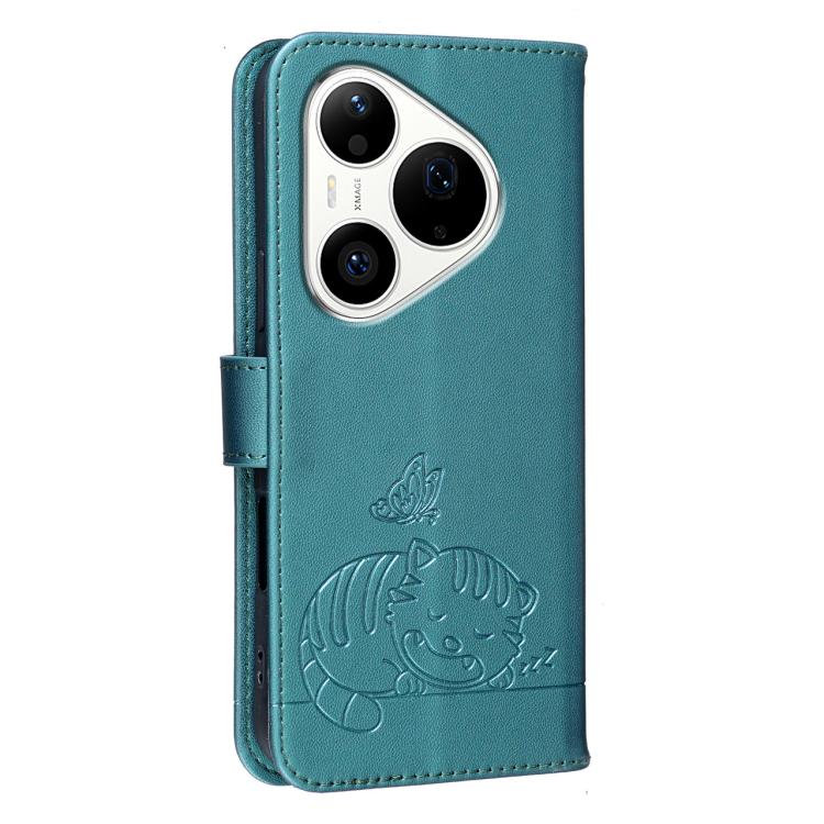 For Huawei Pura 90 Pro 5G Cat Butterfly Embossed RFID Vegan Leather Phone Case with Strap