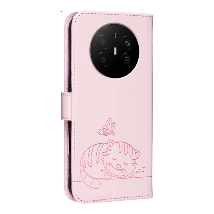 For Huawei Mate 70 Air 5G Cat Butterfly Embossed RFID Vegan Leather Phone Case with Strap