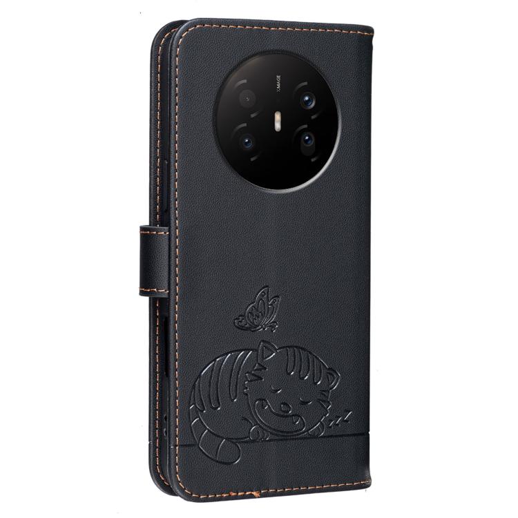 For Huawei Mate 70 Air 5G Cat Butterfly Embossed RFID Vegan Leather Phone Case with Strap