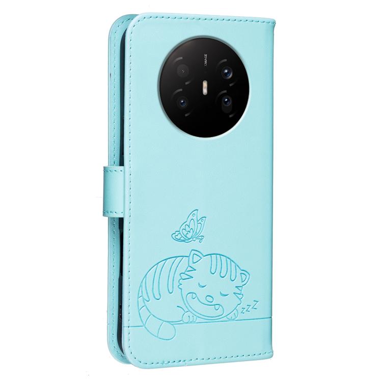 For Huawei Mate 70 Air 5G Cat Butterfly Embossed RFID Vegan Leather Phone Case with Strap
