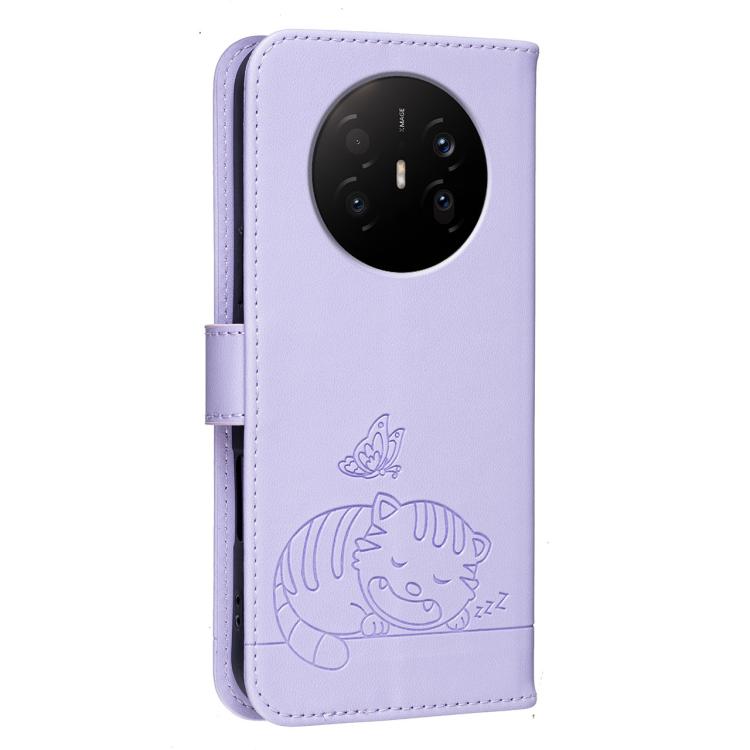 For Huawei Mate 70 Air 5G Cat Butterfly Embossed RFID Vegan Leather Phone Case with Strap