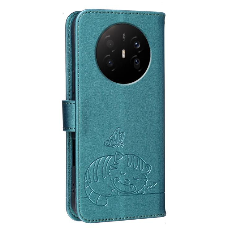 For Huawei Mate 70 Air 5G Cat Butterfly Embossed RFID Vegan Leather Phone Case with Strap