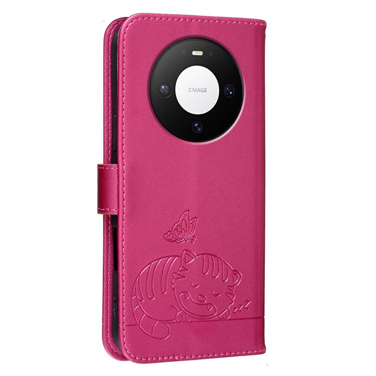 For Huawei Mate 80 Pro Cat Butterfly Embossed RFID Vegan Leather Phone Case with Strap