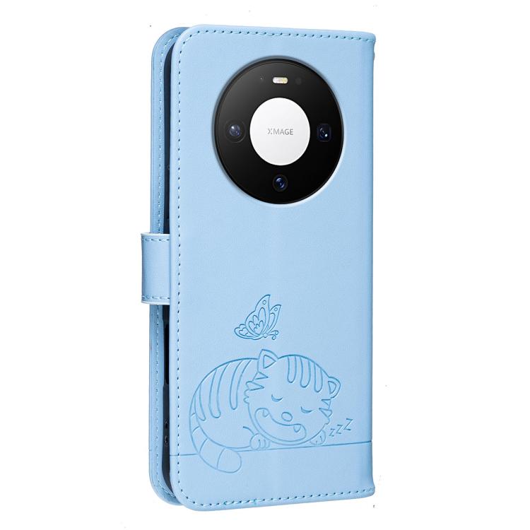 For Huawei Mate 80 Pro Cat Butterfly Embossed RFID Vegan Leather Phone Case with Strap
