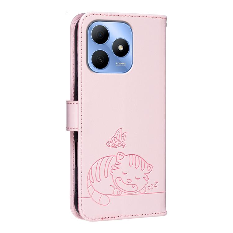 For Huawei Enjoy 80s Cat Butterfly Embossed RFID Vegan Leather Phone Case with Strap