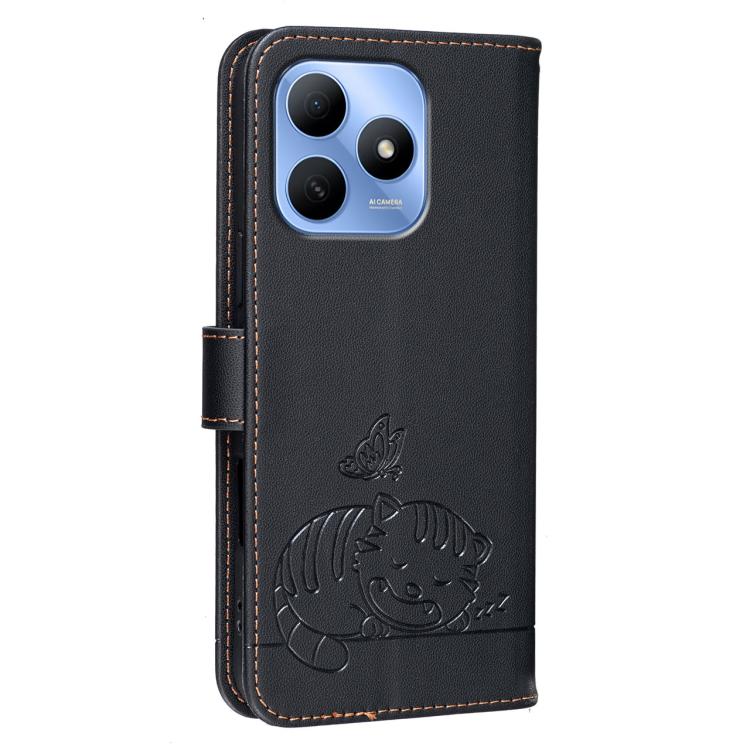 For Huawei Enjoy 80s Cat Butterfly Embossed RFID Vegan Leather Phone Case with Strap