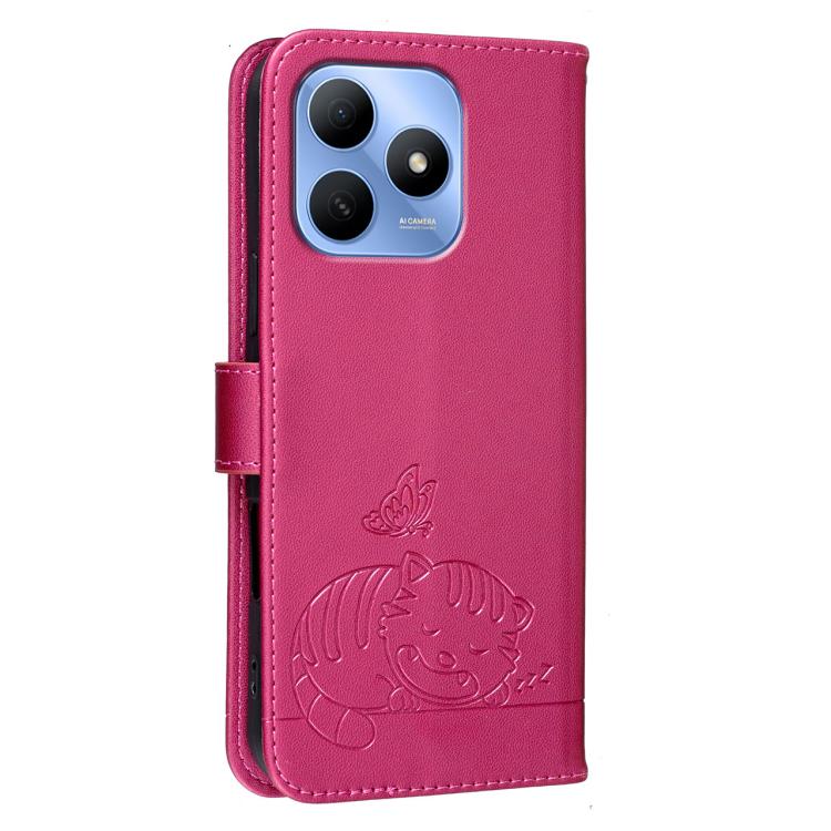 For Huawei Enjoy 80s Cat Butterfly Embossed RFID Vegan Leather Phone Case with Strap