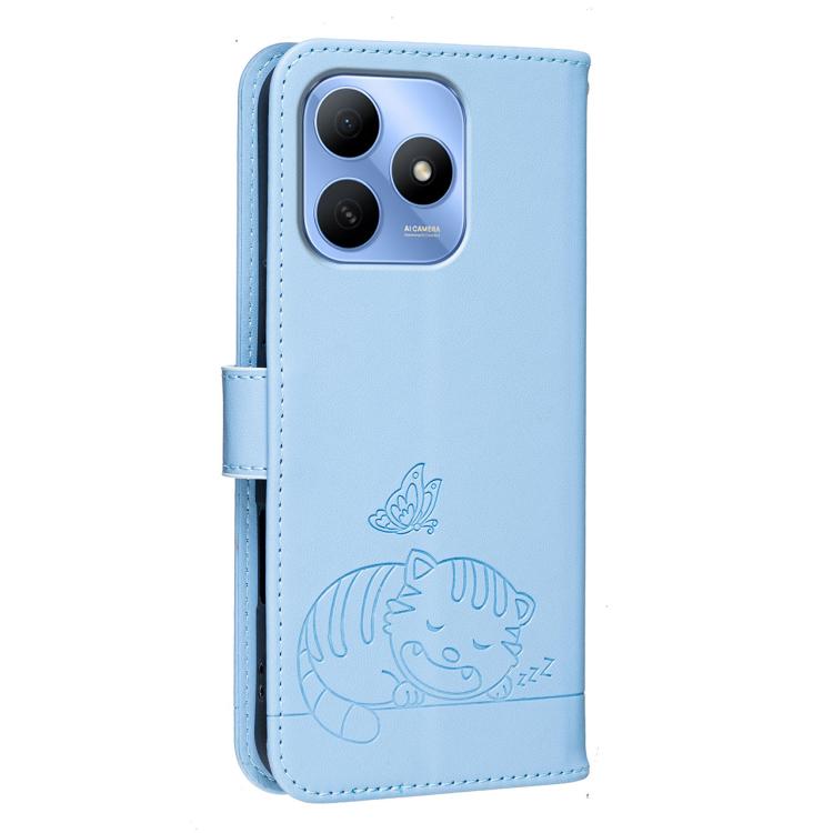 For Huawei Enjoy 80s Cat Butterfly Embossed RFID Vegan Leather Phone Case with Strap