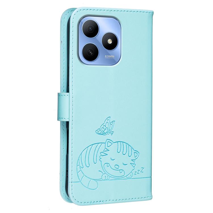 For Huawei Enjoy 80s Cat Butterfly Embossed RFID Vegan Leather Phone Case with Strap