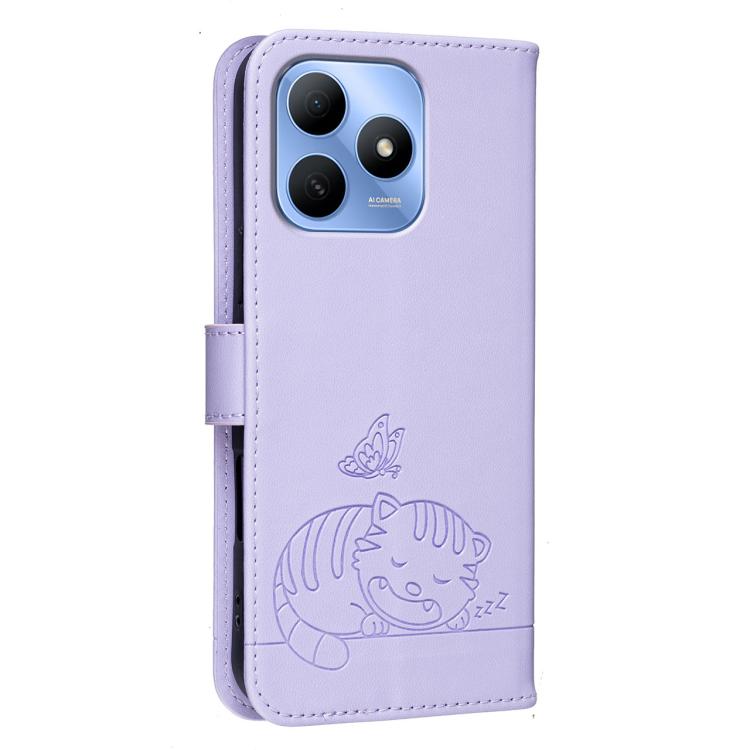 For Huawei Enjoy 80s Cat Butterfly Embossed RFID Vegan Leather Phone Case with Strap