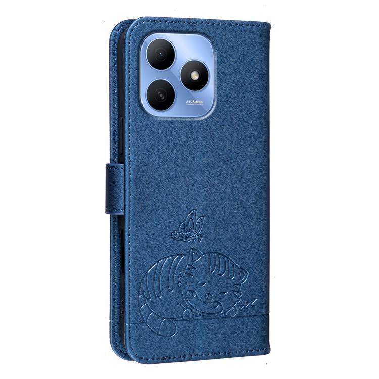 For Huawei Enjoy 80s Cat Butterfly Embossed RFID Vegan Leather Phone Case with Strap