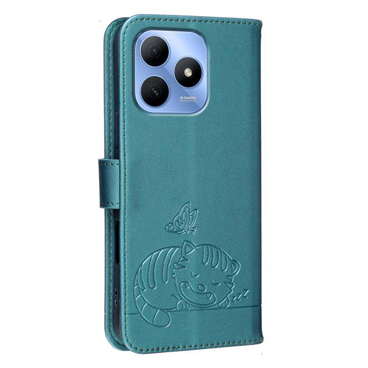For Huawei Enjoy 80s Cat Butterfly Embossed RFID Vegan Leather Phone Case with Strap