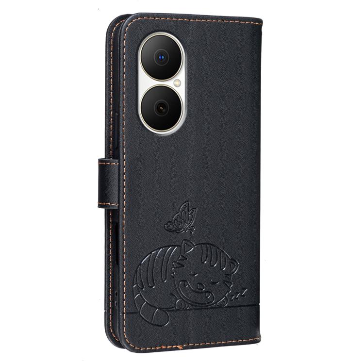 For Huawei Enjoy 80 Cat Butterfly Embossed RFID Vegan Leather Phone Case with Strap