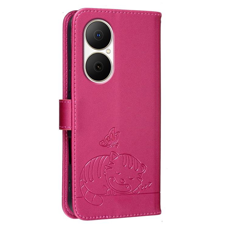 For Huawei Enjoy 80 Cat Butterfly Embossed RFID Vegan Leather Phone Case with Strap
