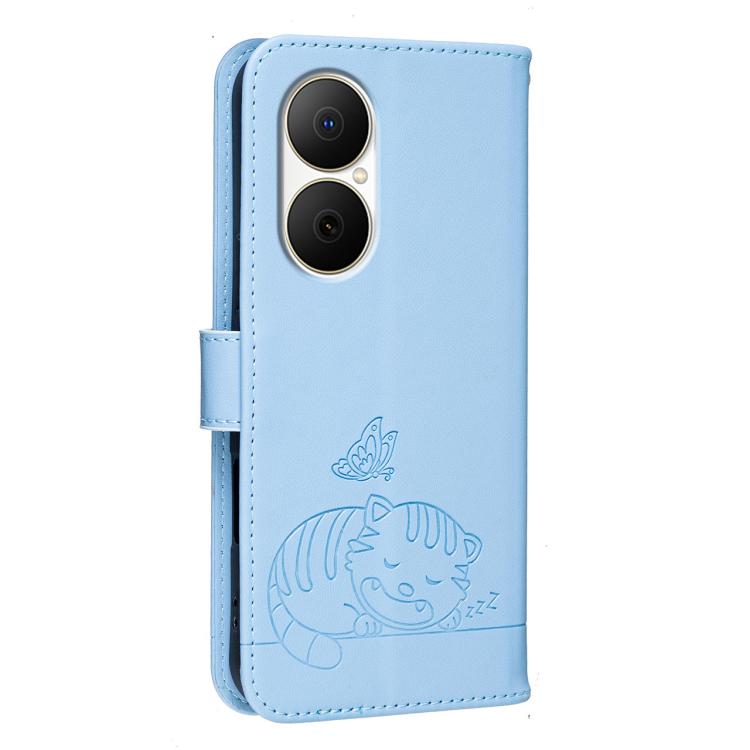 For Huawei Enjoy 80 Cat Butterfly Embossed RFID Vegan Leather Phone Case with Strap