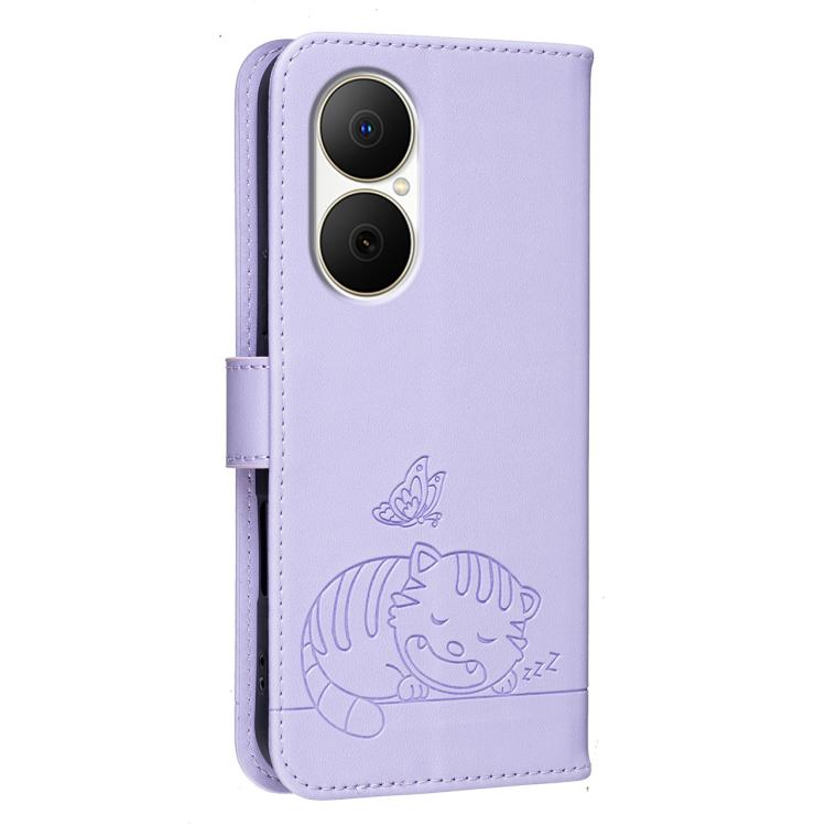 For Huawei Enjoy 80 Cat Butterfly Embossed RFID Vegan Leather Phone Case with Strap