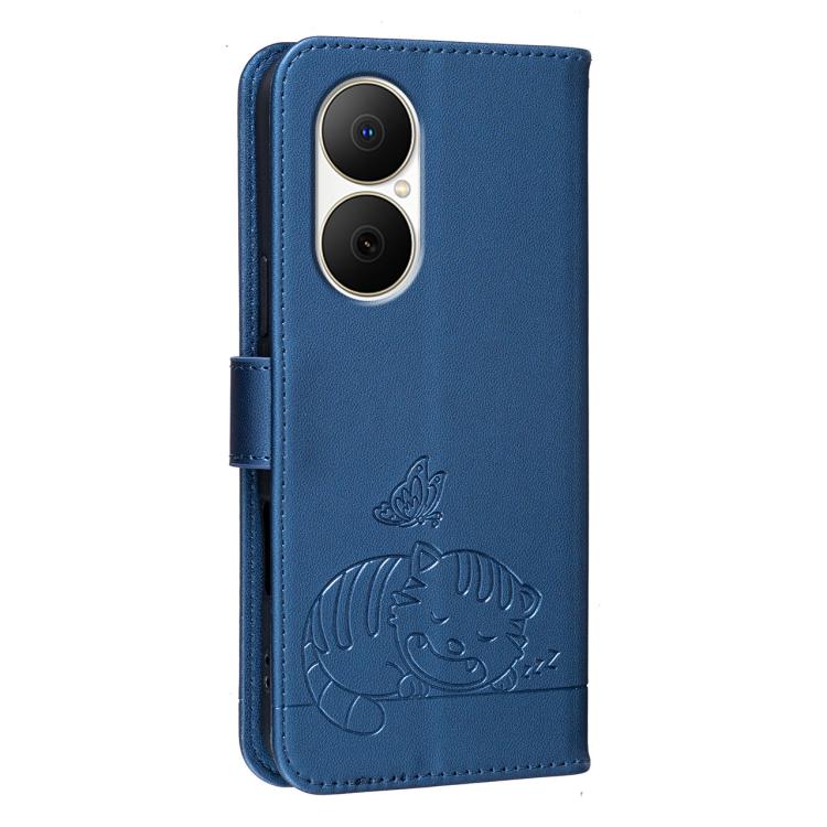 For Huawei Enjoy 80 Cat Butterfly Embossed RFID Vegan Leather Phone Case with Strap