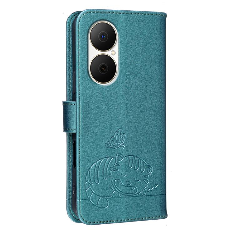 For Huawei Enjoy 80 Cat Butterfly Embossed RFID Vegan Leather Phone Case with Strap