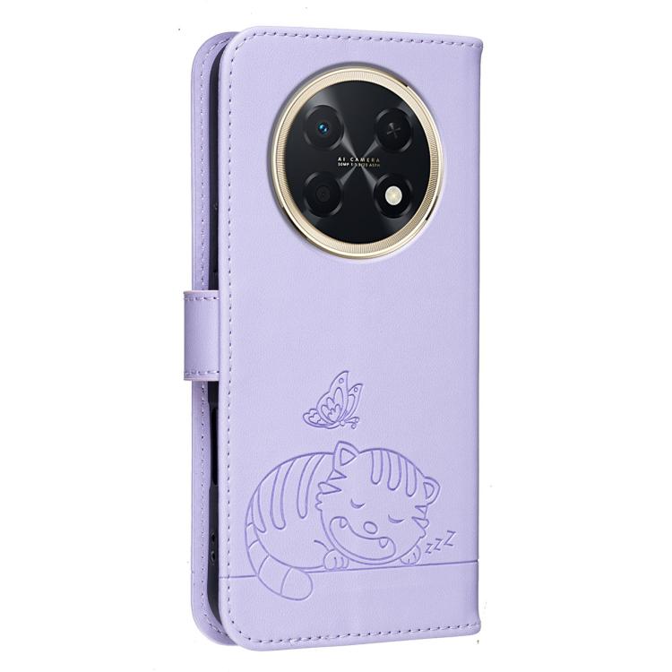 For Huawei Enjoy 90 Pro Max 5G Cat Butterfly Embossed RFID Vegan Leather Phone Case with Strap