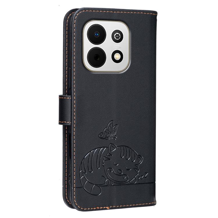 For Huawei Enjoy 90 Plus 5G Cat Butterfly Embossed RFID Vegan Leather Phone Case with Strap