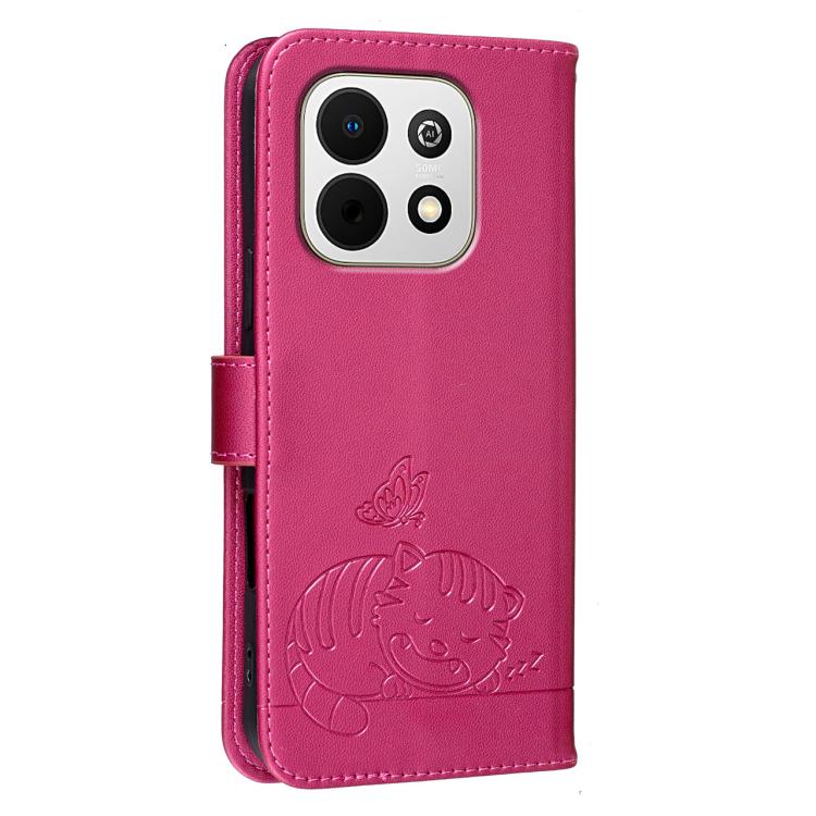 For Huawei Enjoy 90 Plus 5G Cat Butterfly Embossed RFID Vegan Leather Phone Case with Strap