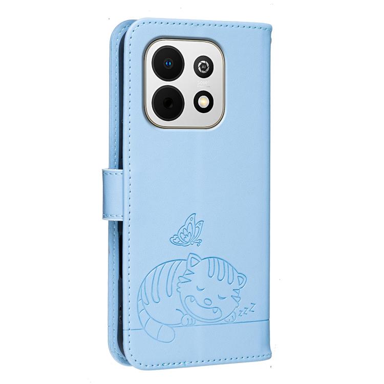 For Huawei Enjoy 90 Plus 5G Cat Butterfly Embossed RFID Vegan Leather Phone Case with Strap