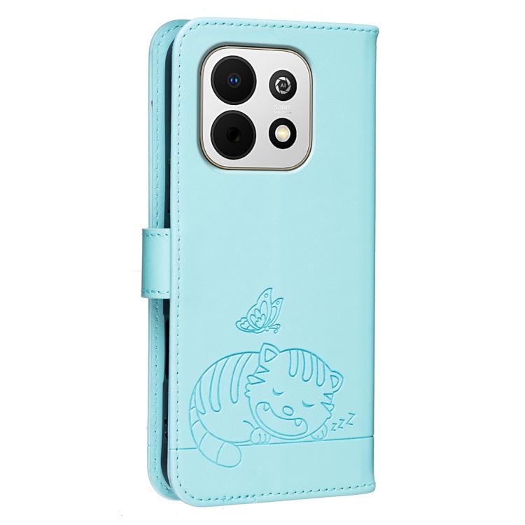 For Huawei Enjoy 90 Plus 5G Cat Butterfly Embossed RFID Vegan Leather Phone Case with Strap