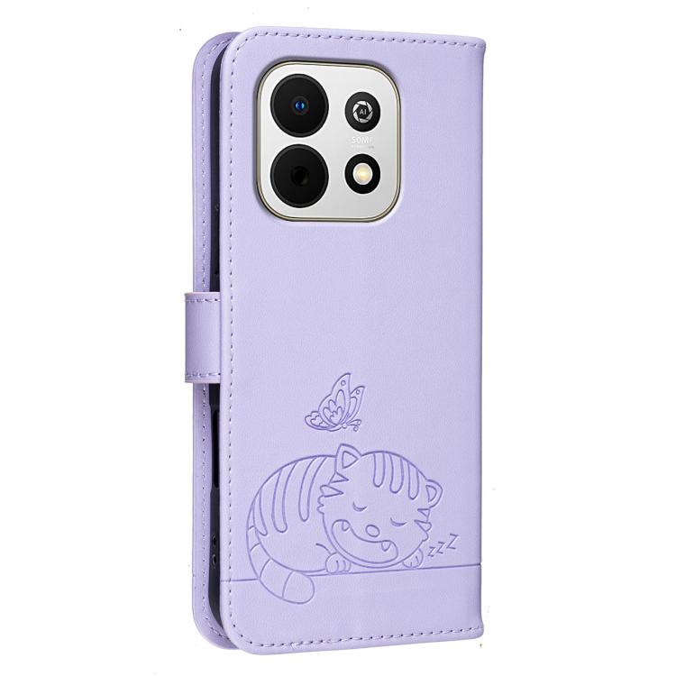 For Huawei Enjoy 90 Plus 5G Cat Butterfly Embossed RFID Vegan Leather Phone Case with Strap
