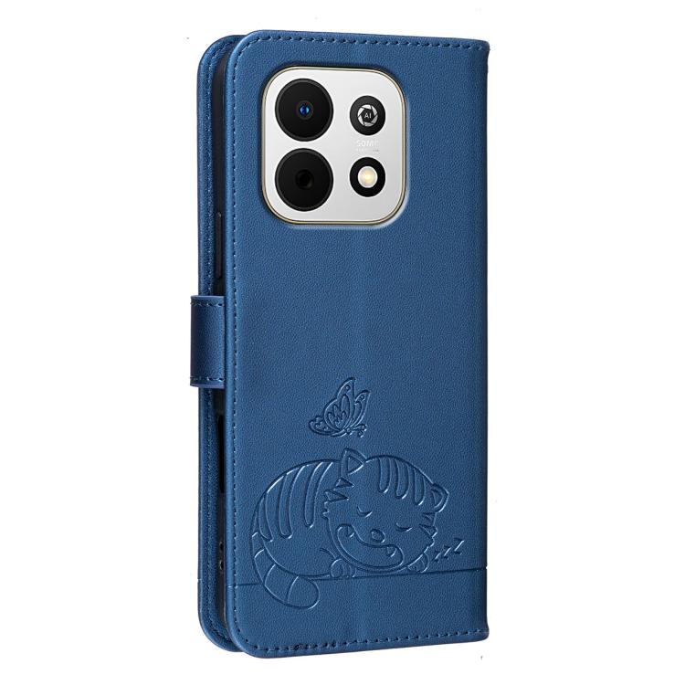 For Huawei Enjoy 90 Plus 5G Cat Butterfly Embossed RFID Vegan Leather Phone Case with Strap