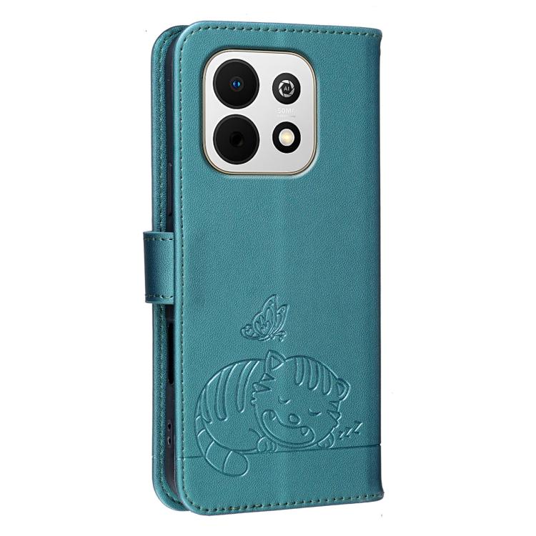 For Huawei Enjoy 90 Plus 5G Cat Butterfly Embossed RFID Vegan Leather Phone Case with Strap