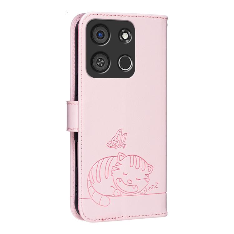 For Itel A05s Cat Butterfly Embossed RFID Vegan Leather Phone Case with Strap