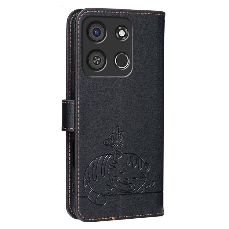 For Itel A05s Cat Butterfly Embossed RFID Vegan Leather Phone Case with Strap