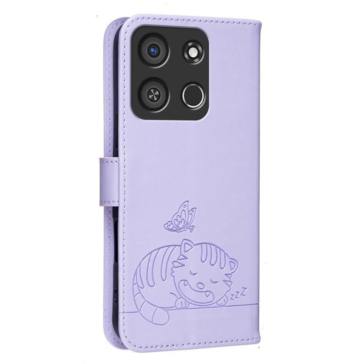 For Itel A05s Cat Butterfly Embossed RFID Vegan Leather Phone Case with Strap