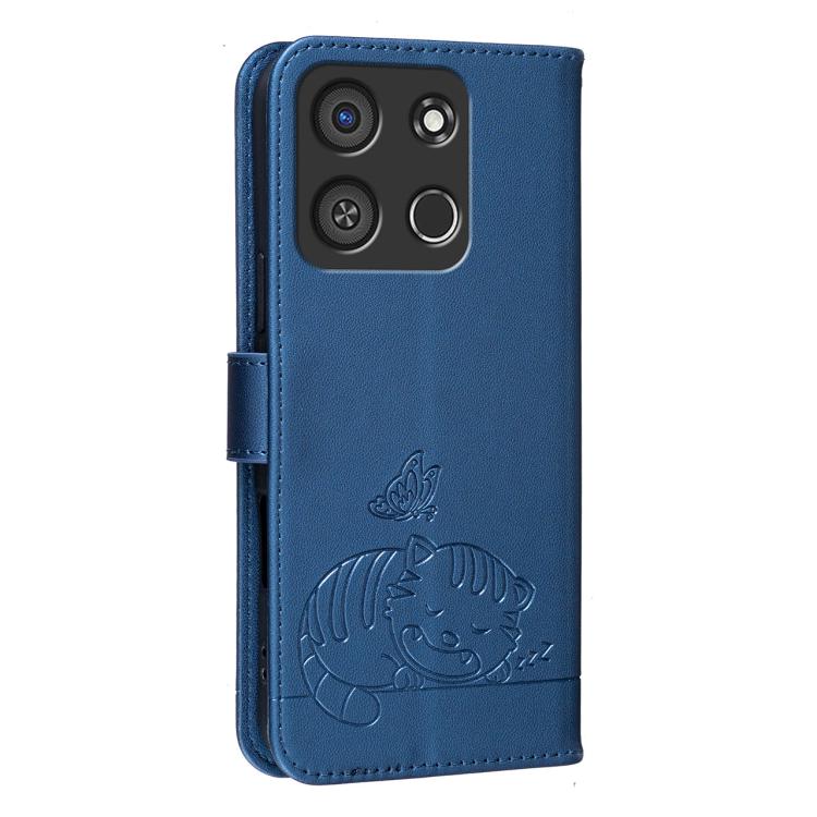 For Itel A05s Cat Butterfly Embossed RFID Vegan Leather Phone Case with Strap