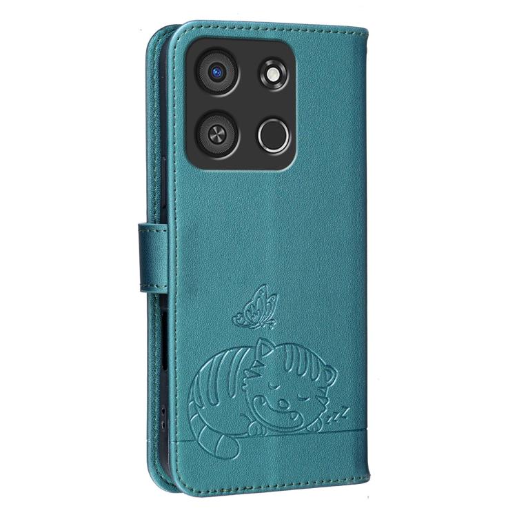 For Itel A05s Cat Butterfly Embossed RFID Vegan Leather Phone Case with Strap