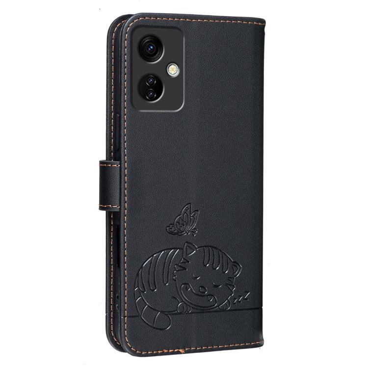 For Itel A24 Pro Cat Butterfly Embossed RFID Vegan Leather Phone Case with Strap
