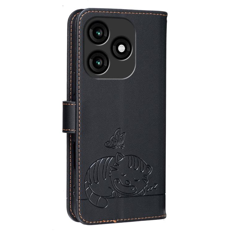 For Itel A70 Cat Butterfly Embossed RFID Vegan Leather Phone Case with Strap