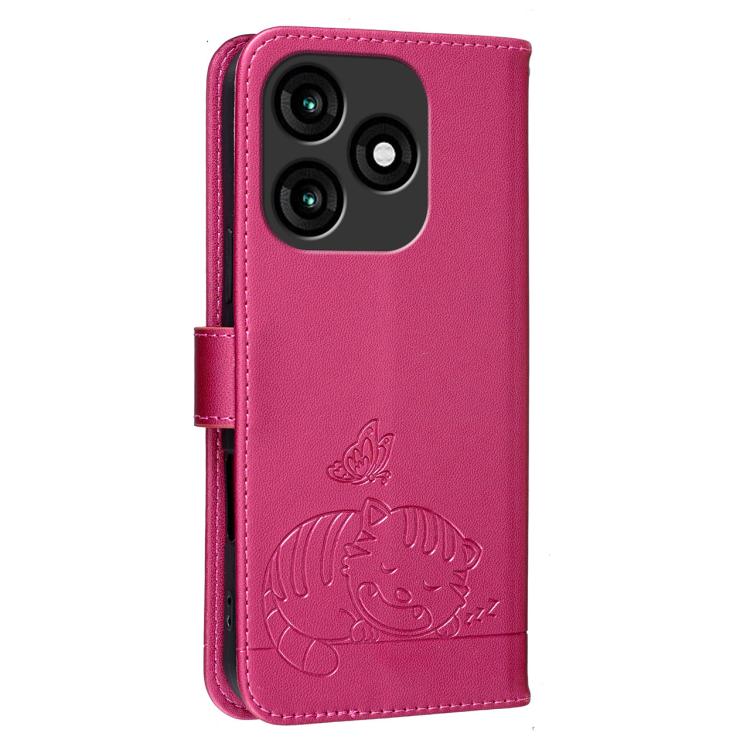 For Itel A70 Cat Butterfly Embossed RFID Vegan Leather Phone Case with Strap