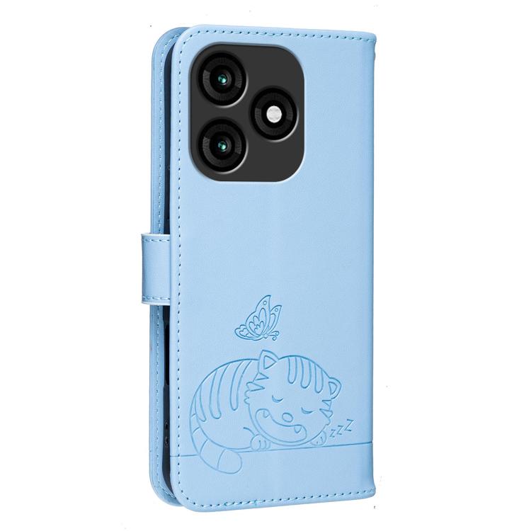 For Itel A70 Cat Butterfly Embossed RFID Vegan Leather Phone Case with Strap