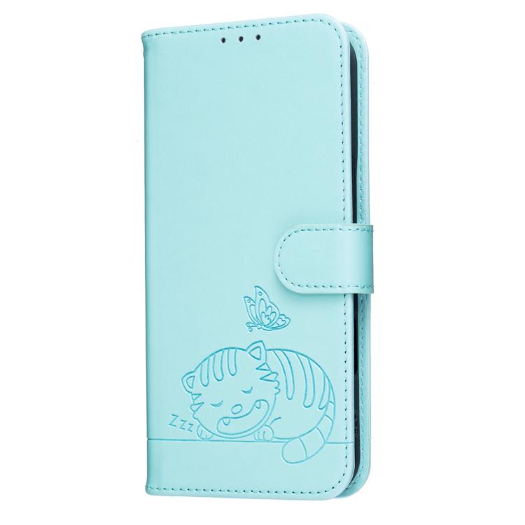 For Itel A70 Cat Butterfly Embossed RFID Vegan Leather Phone Case with Strap