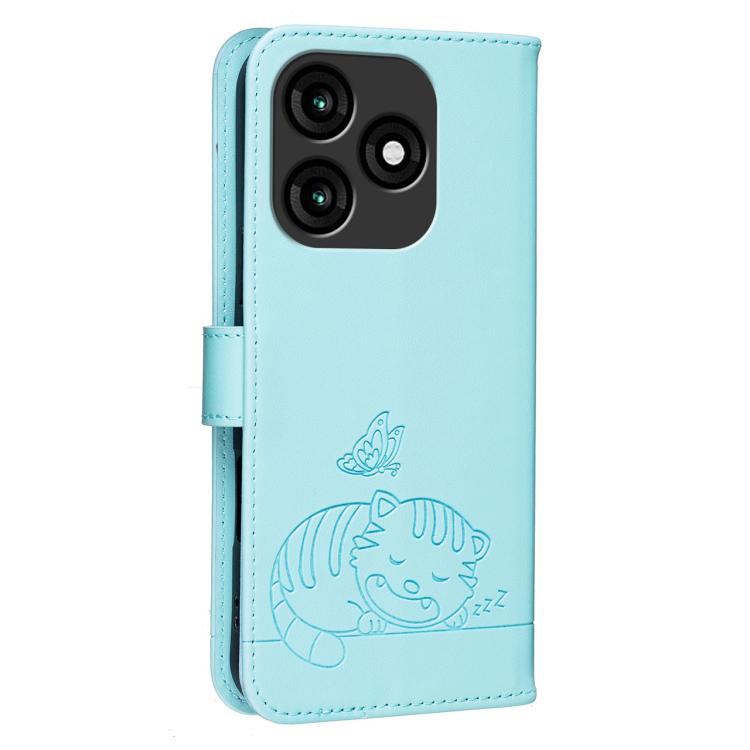 For Itel A70 Cat Butterfly Embossed RFID Vegan Leather Phone Case with Strap
