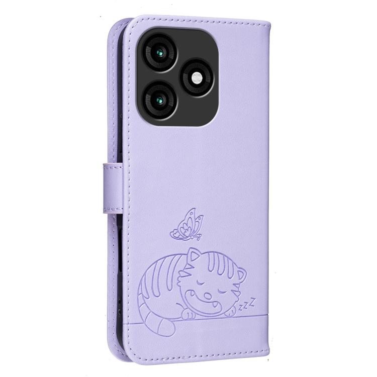 For Itel A70 Cat Butterfly Embossed RFID Vegan Leather Phone Case with Strap